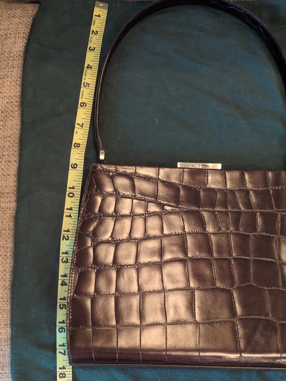 Vintage Cole Haan Chocolate Brown Croc-Embossed Leather Framed Handbag - Picture 8 of 10